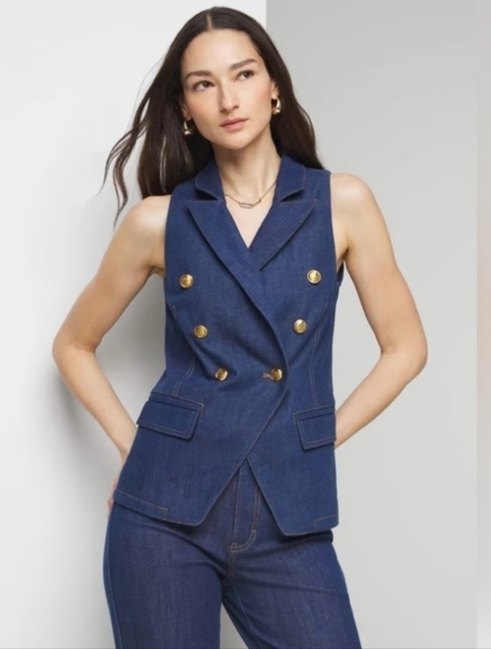 White House Black Market Dark Blue Denim Sleeveless Vest with Gold Buttons - Picture 5 of 11